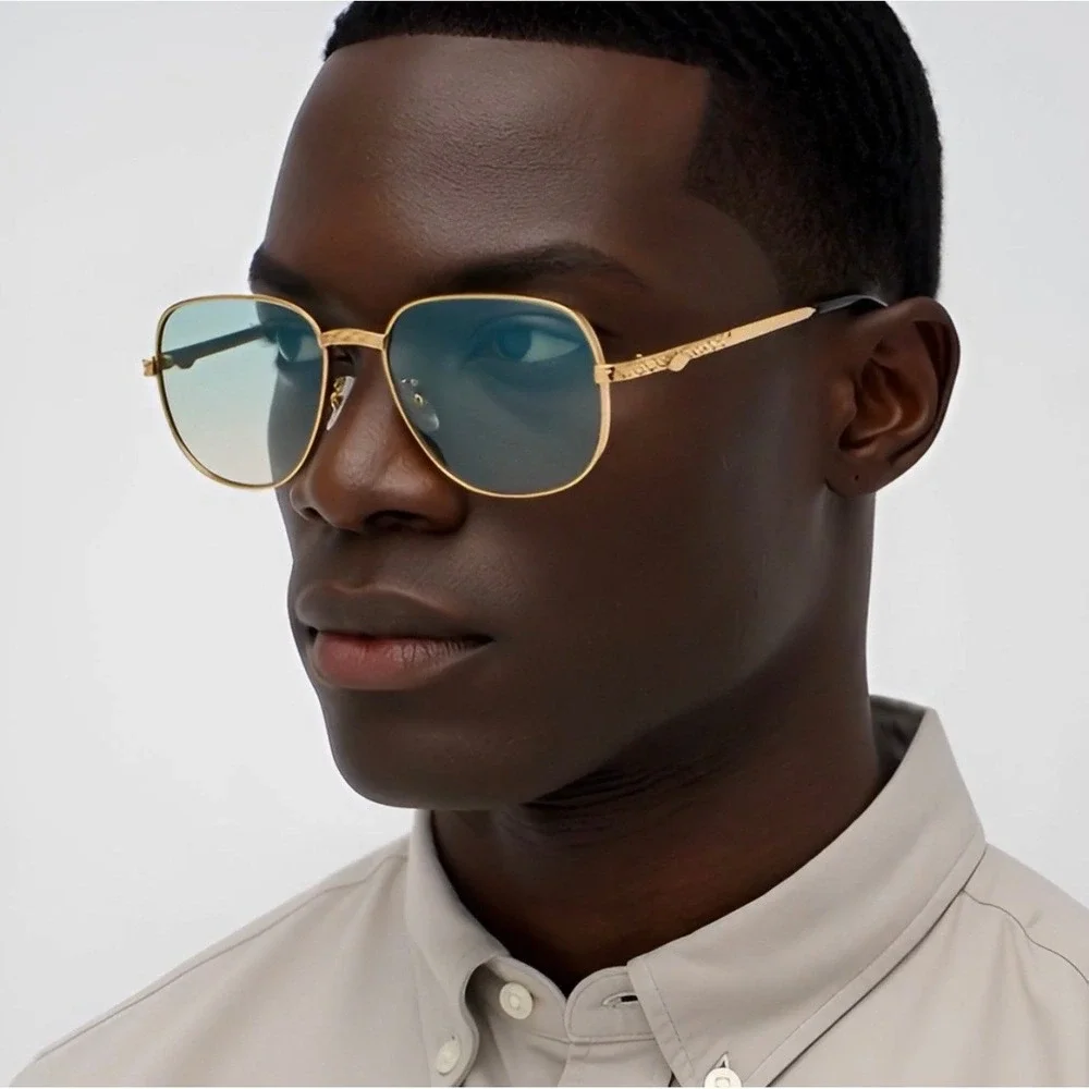 Mens Gold Square Aviator Sunglasses Green‎ Gradient Lens Textured Metal Frames